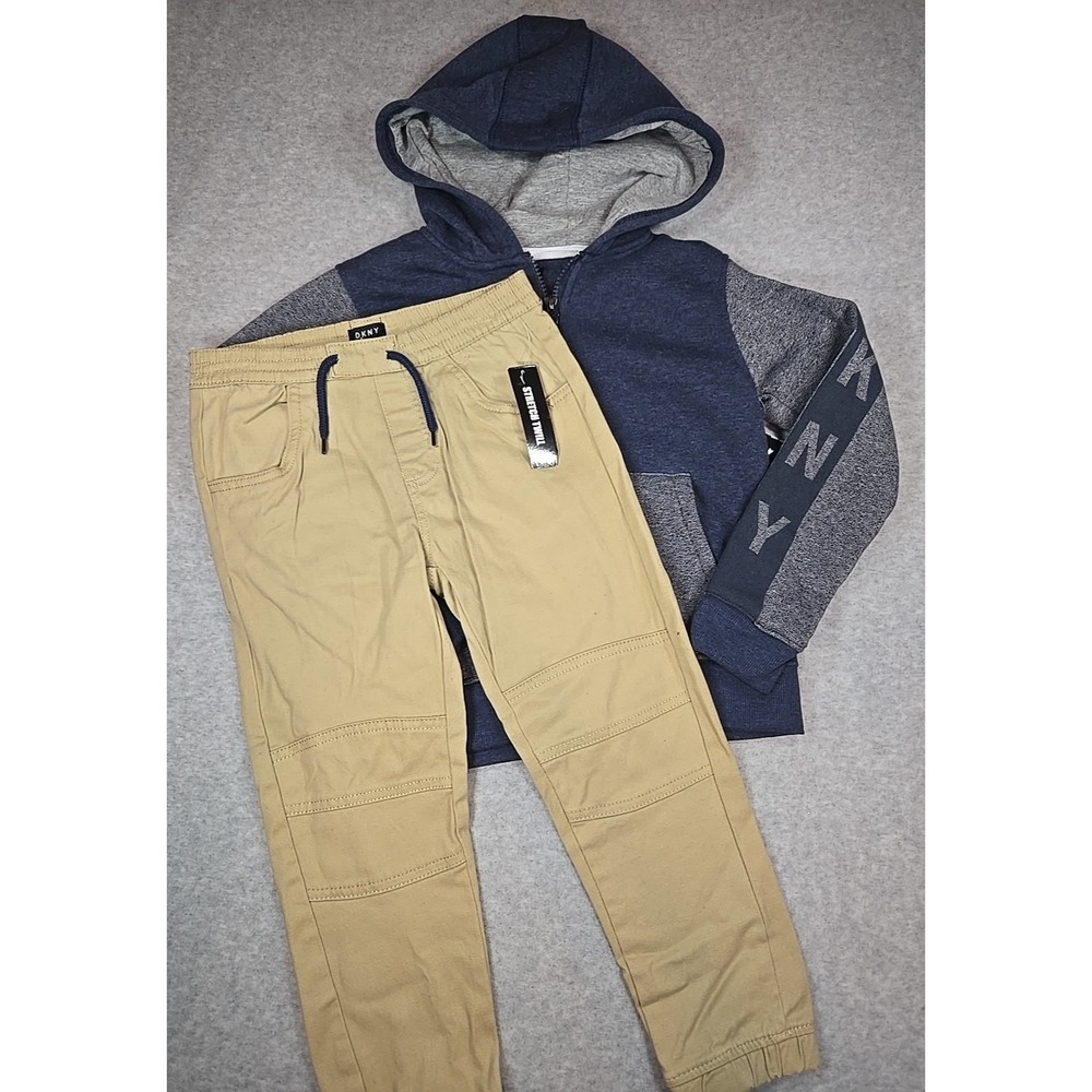 DKNY Boys Size 2T 2pc Full Zip Sweatshirt Jogger Outfit Set Blue Khaki NWT